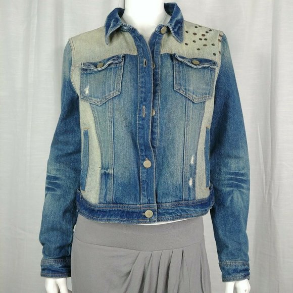 DKNY Jeans Two Toned Studded Denim Jacket Size L - Picture 1 of 12